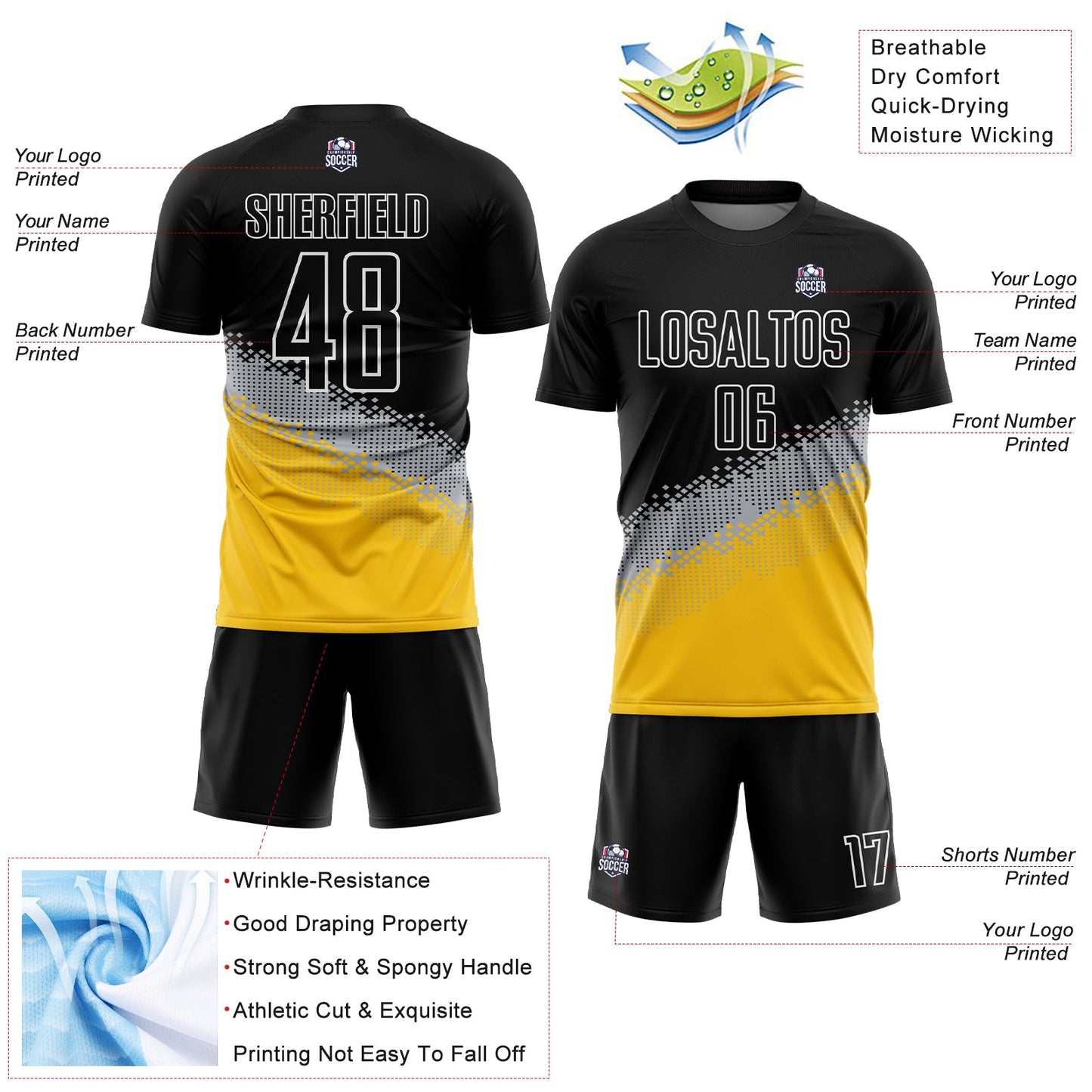 Custom Black Gray-Yellow Gradient Geometric Shape Sublimation Soccer Uniform Jersey Limited