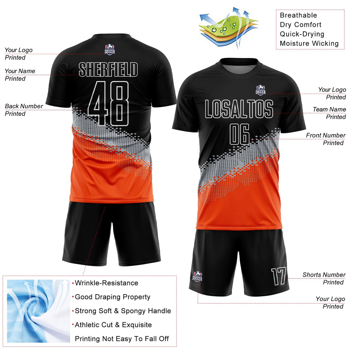 Custom Black Gray-Orange Gradient Geometric Shape Sublimation Soccer Uniform Jersey Limited