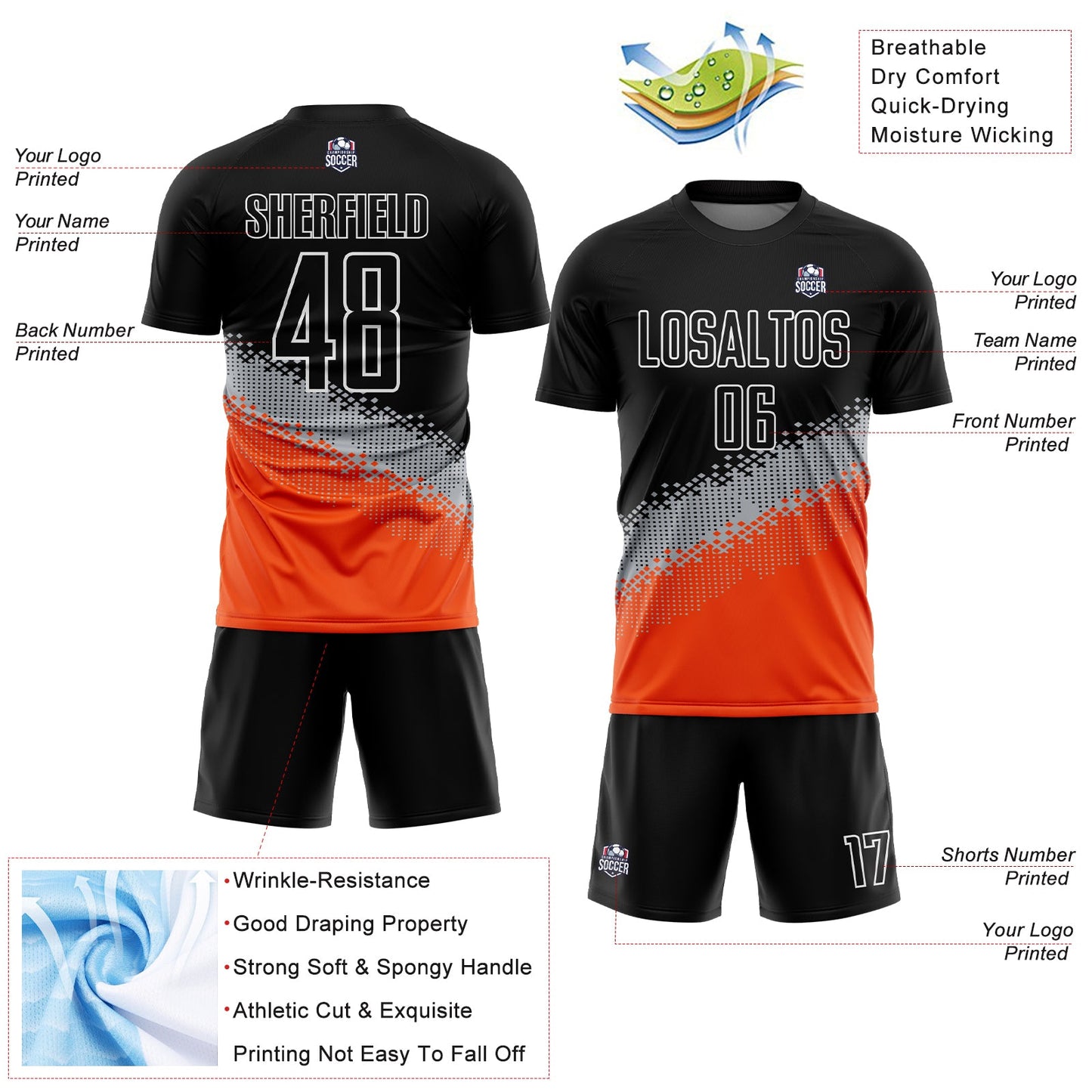 Custom Black Gray-Orange Gradient Geometric Shape Sublimation Soccer Uniform Jersey Limited