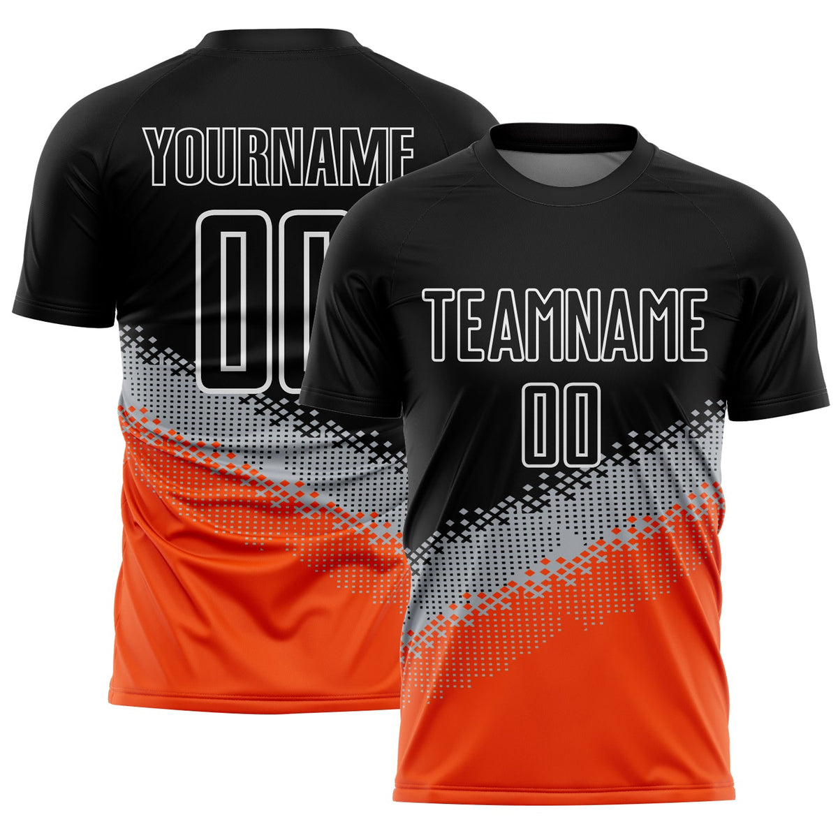 Custom Black Gray-Orange Gradient Geometric Shape Sublimation Soccer Uniform Jersey
