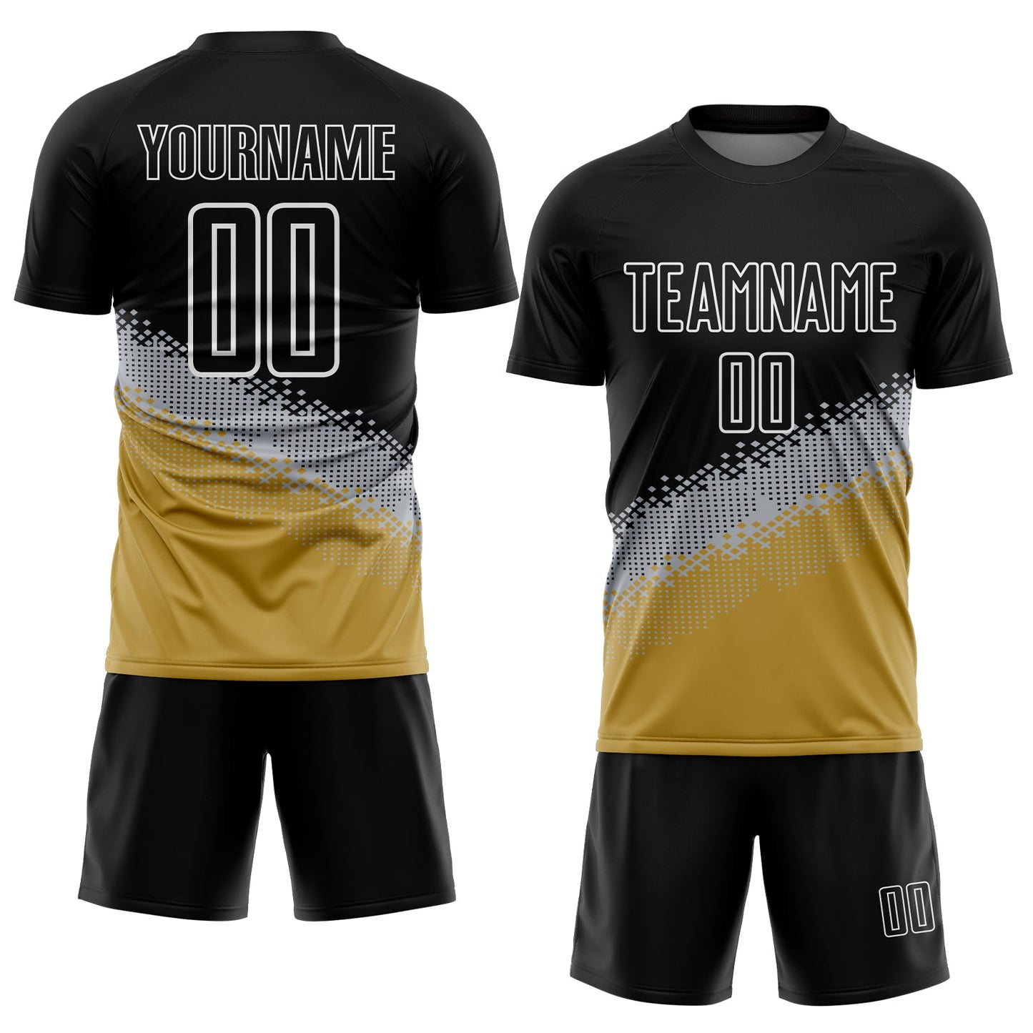 Custom Black Gray-Old Gold Gradient Geometric Shape Sublimation Soccer Uniform Jersey Limited