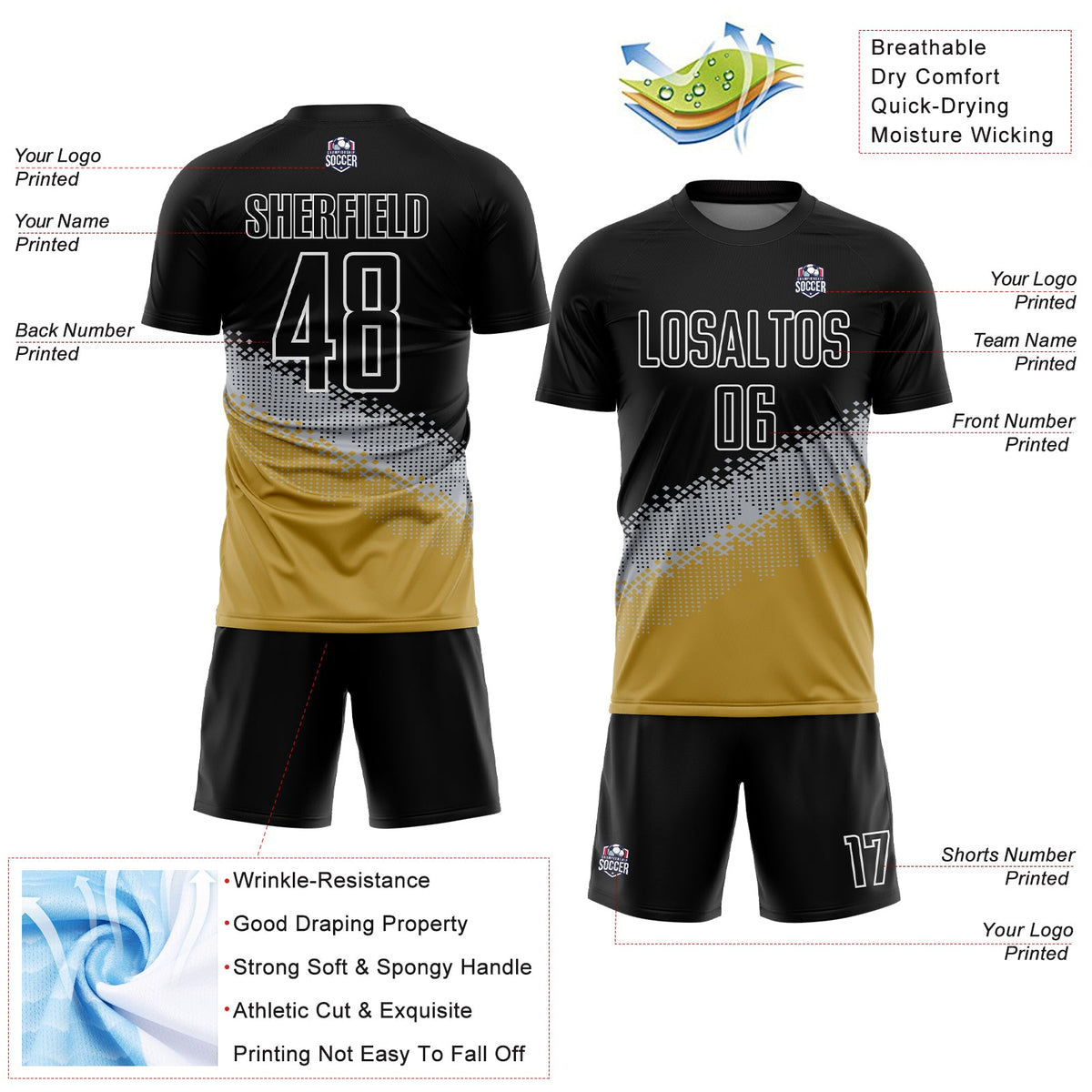 Custom Black Gray-Old Gold Gradient Geometric Shape Sublimation Soccer Uniform Jersey Limited