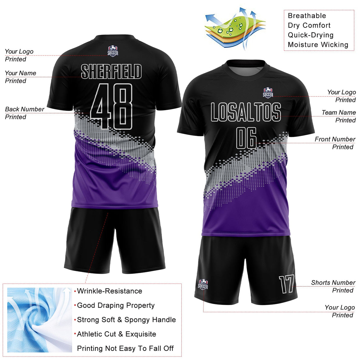 Custom Black Gray-Purple Gradient Geometric Shape Sublimation Soccer Uniform Jersey Limited