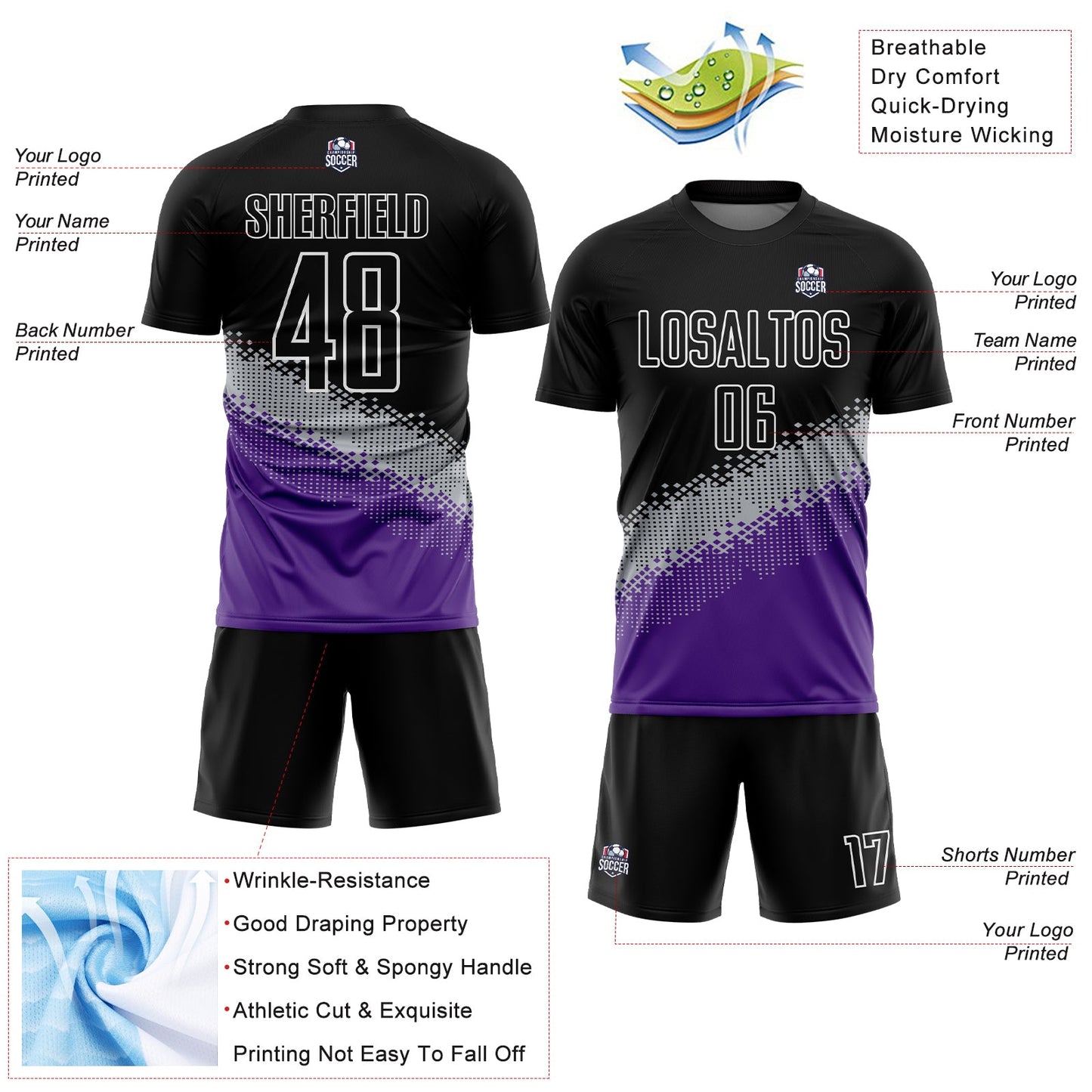 Custom Black Gray-Purple Gradient Geometric Shape Sublimation Soccer Uniform Jersey Limited