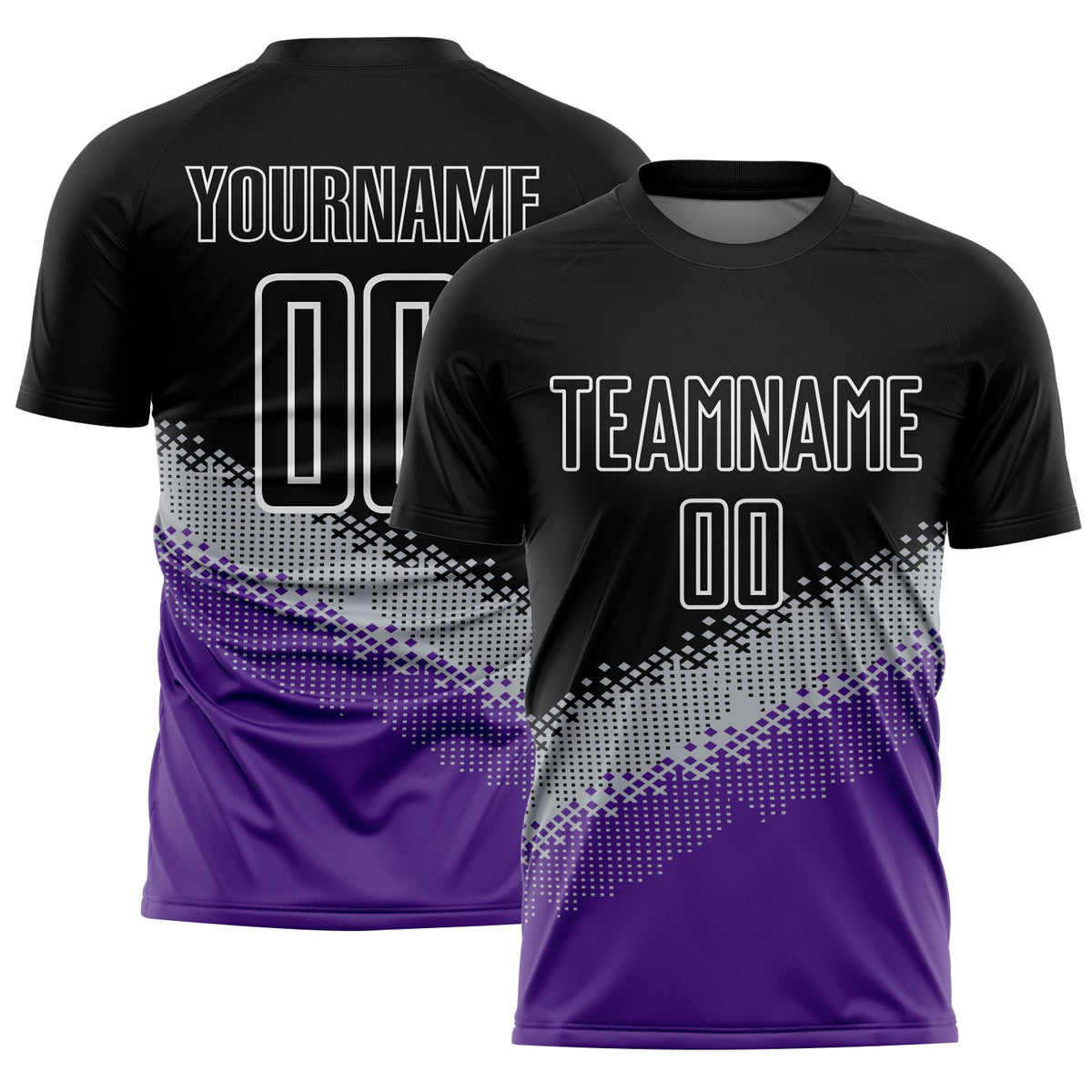 Custom Black Gray-Purple Gradient Geometric Shape Sublimation Soccer Uniform Jersey