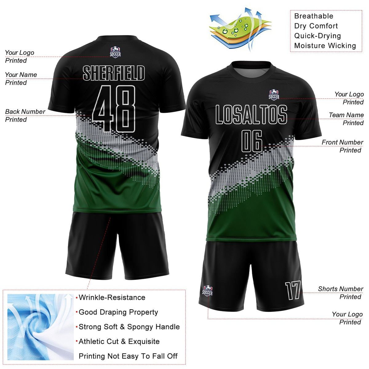 Custom Black Gray-Green Gradient Geometric Shape Sublimation Soccer Uniform Jersey Limited