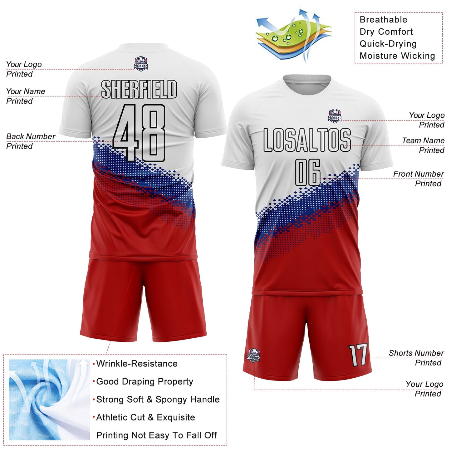 Custom White Royal Red-Black Gradient Geometric Shape Sublimation Soccer Uniform Jersey Limited