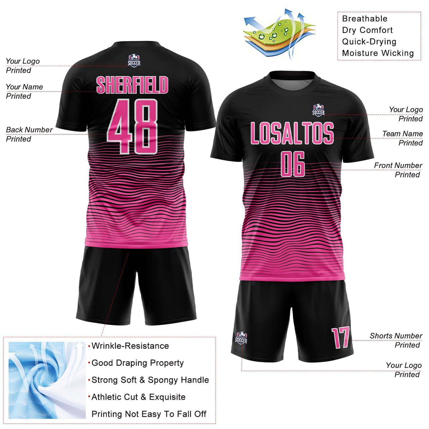Custom Black Pink-White Gradient Line Sublimation Soccer Uniform Jersey Limited