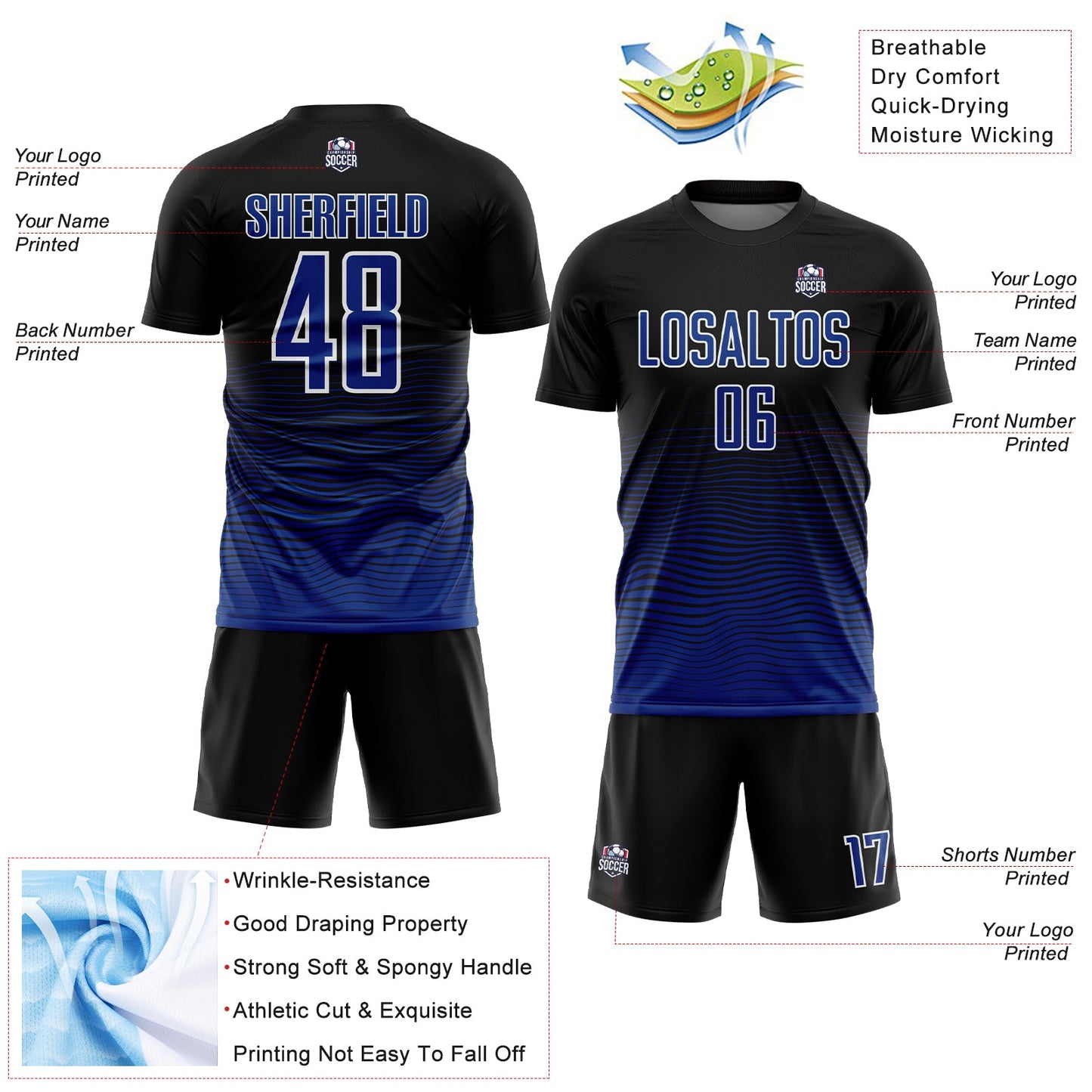 Custom Black Royal-White Gradient Line Sublimation Soccer Uniform Jersey Limited