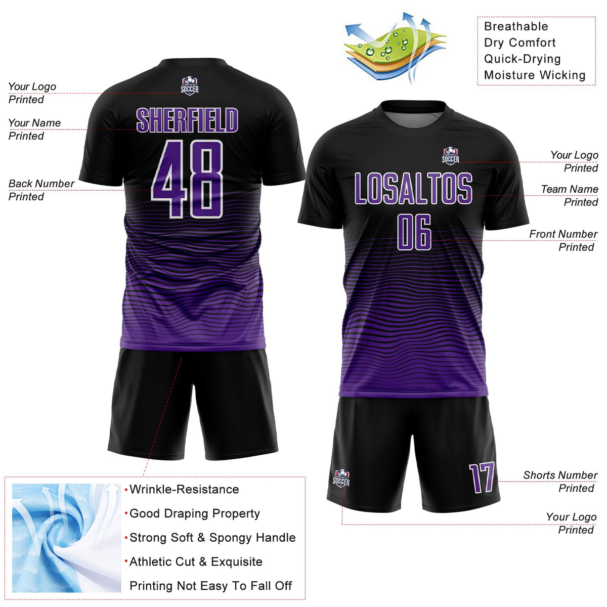 Custom Black Purple-White Gradient Line Sublimation Soccer Uniform Jersey Limited