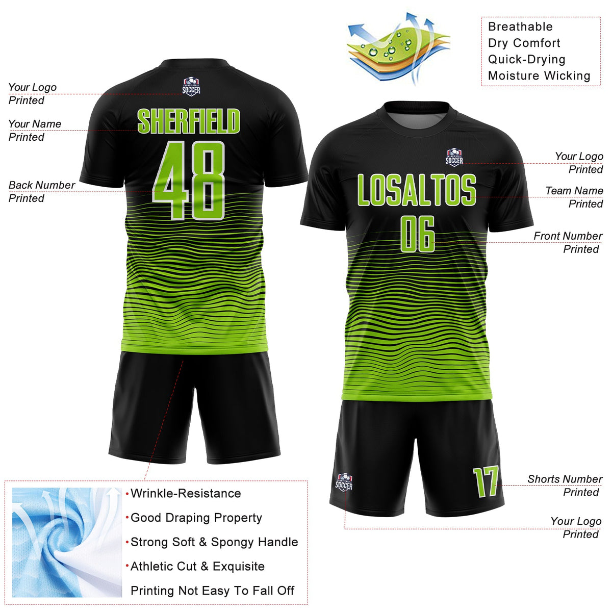 Custom Black Neon Green-White Gradient Line Sublimation Soccer Uniform Jersey Limited