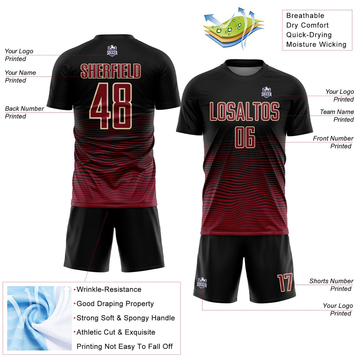 Custom Black Crimson-Cream Gradient Line Sublimation Soccer Uniform Jersey Limited