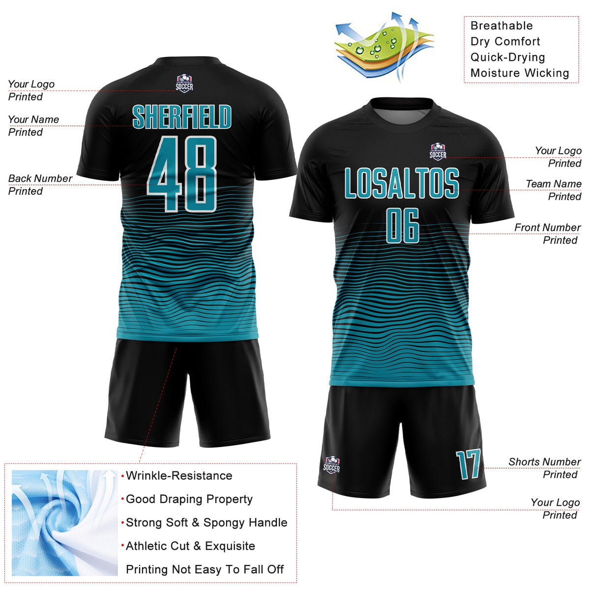 Custom Black Teal-White Gradient Line Sublimation Soccer Uniform Jersey Limited