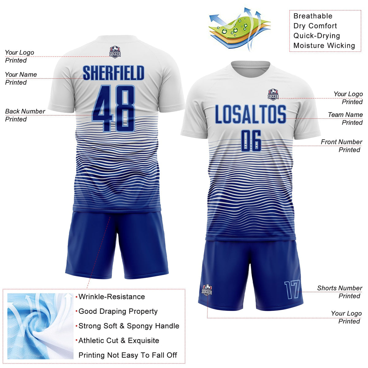 Custom White Royal-Light Blue Gradient Line Sublimation Soccer Uniform Jersey Limited