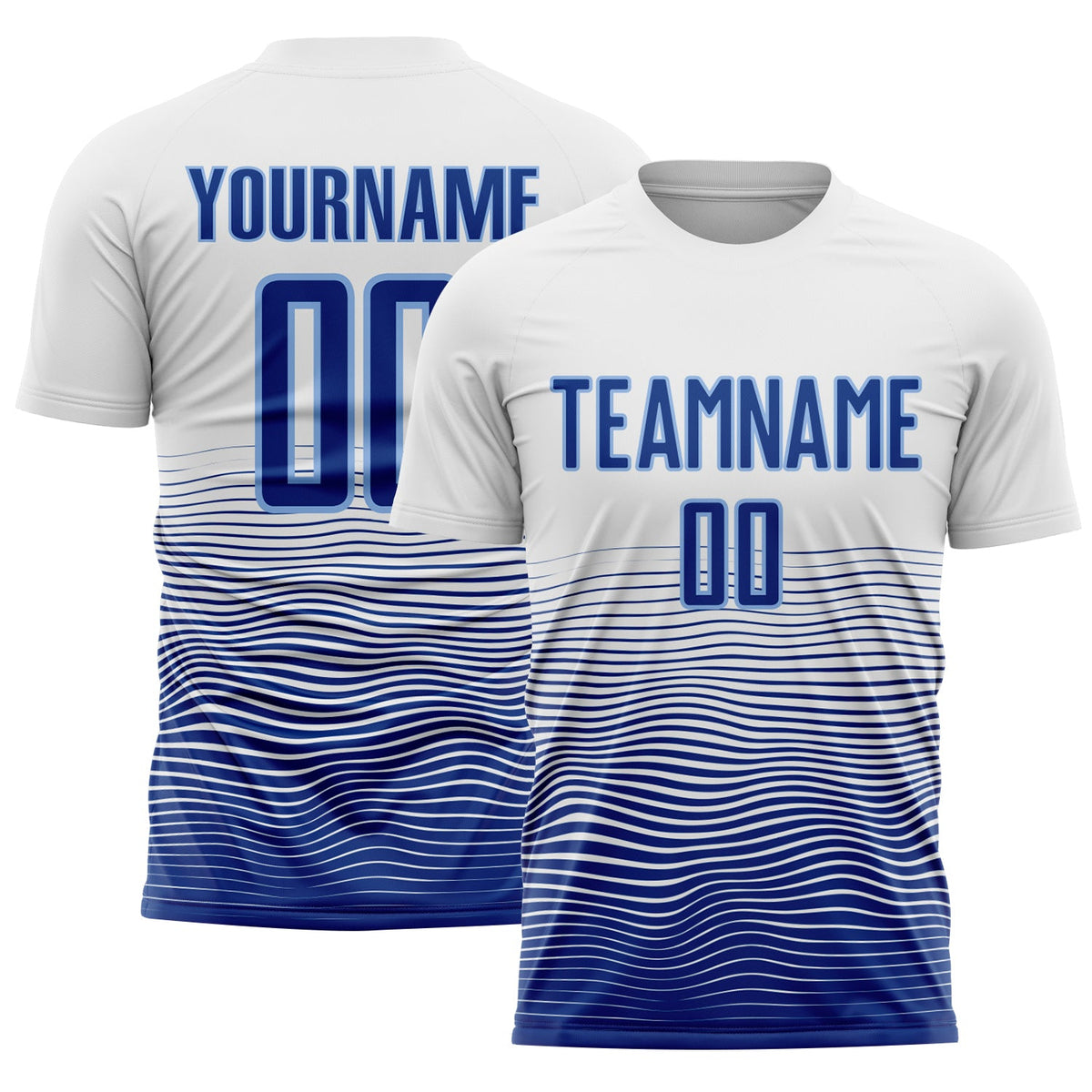 Custom White Royal-Light Blue Gradient Line Sublimation Soccer Uniform Jersey