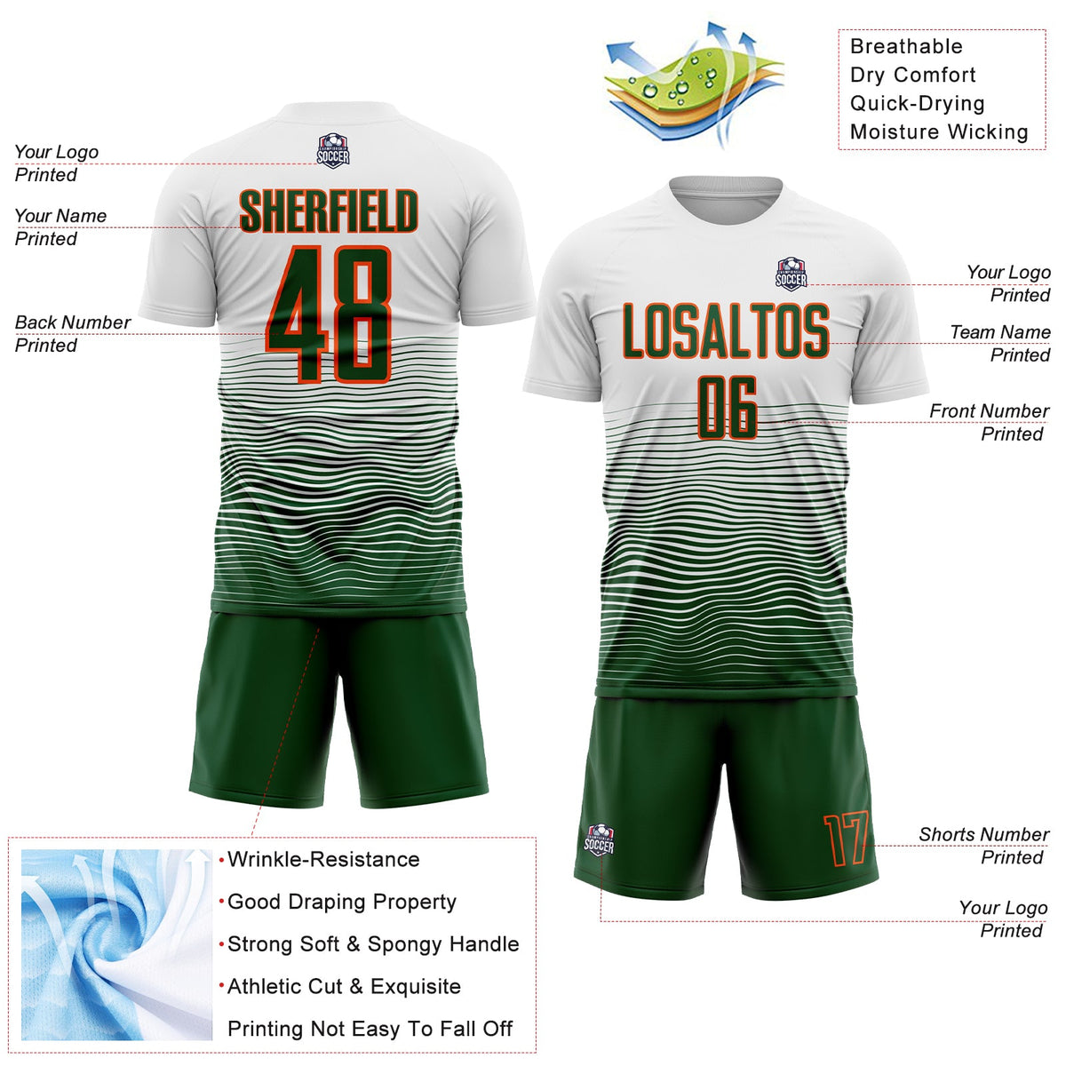 Custom White Green-Orange Gradient Line Sublimation Soccer Uniform Jersey Limited