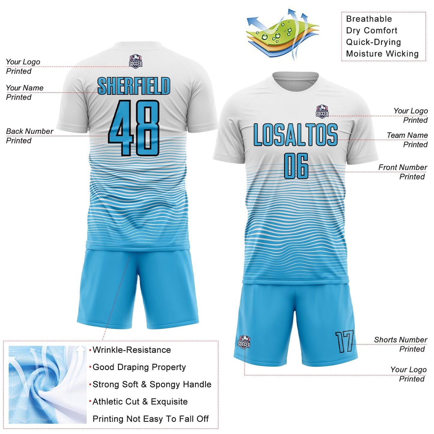 Custom White Sky Blue-Black Gradient Line Sublimation Soccer Uniform Jersey Limited