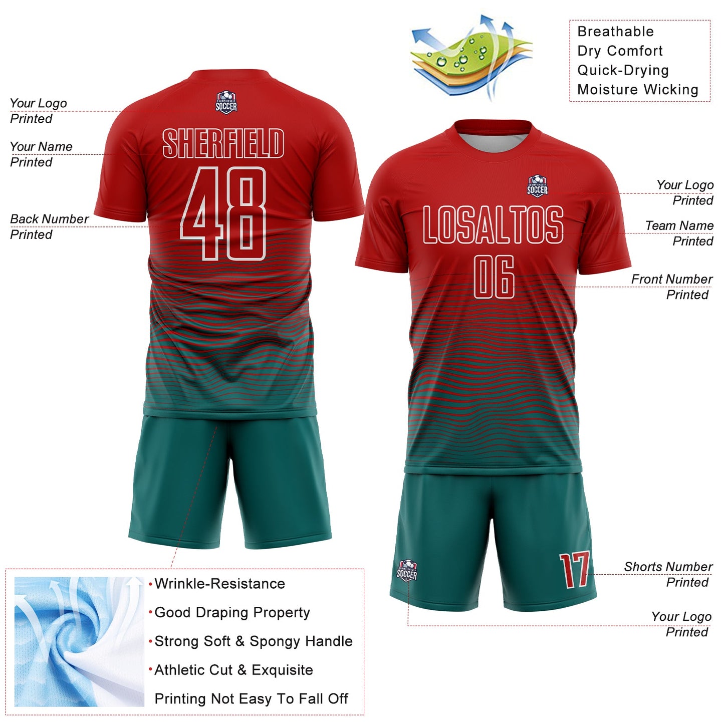 Custom Red Teal-White Gradient Line Sublimation Soccer Uniform Jersey Limited
