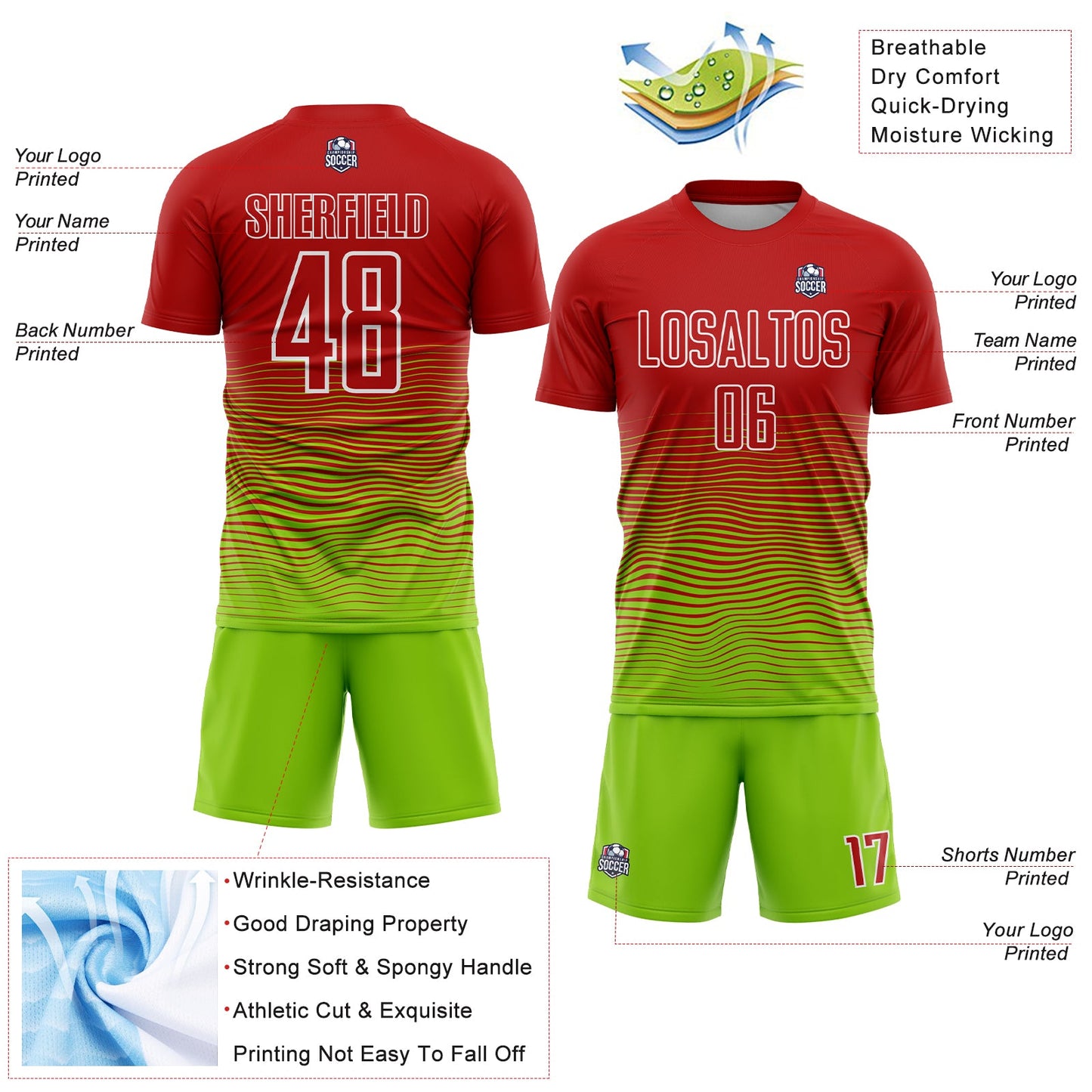 Custom Red Neon Green-White Gradient Line Sublimation Soccer Uniform Jersey Limited