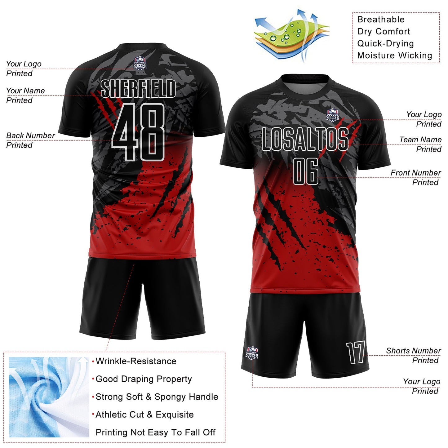 Custom Black Red-White Gradient Scratch Splash Sublimation Soccer Uniform Jersey Limited