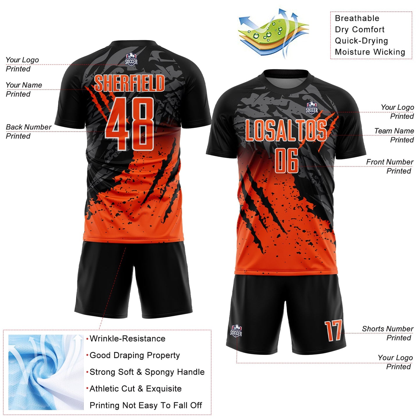 Custom Black Orange-White Gradient Scratch Splash Sublimation Soccer Uniform Jersey Limited
