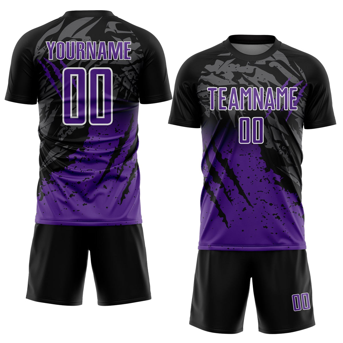 Custom Black Purple-White Gradient Scratch Splash Sublimation Soccer Uniform Jersey Limited