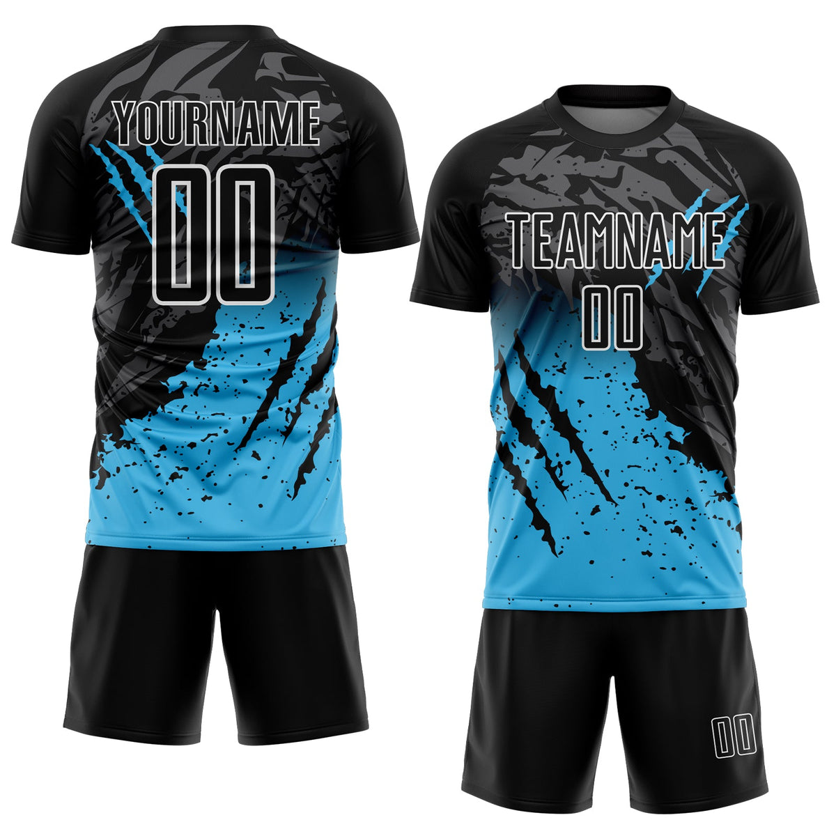Custom Black Sky Blue-White Gradient Scratch Splash Sublimation Soccer Uniform Jersey Limited