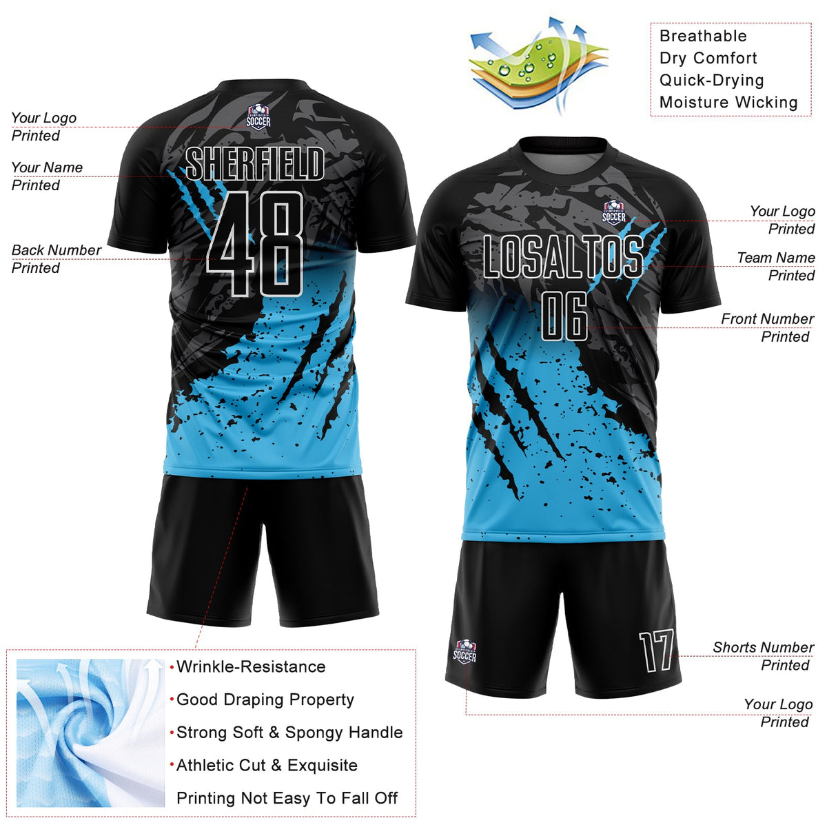 Custom Black Sky Blue-White Gradient Scratch Splash Sublimation Soccer Uniform Jersey Limited