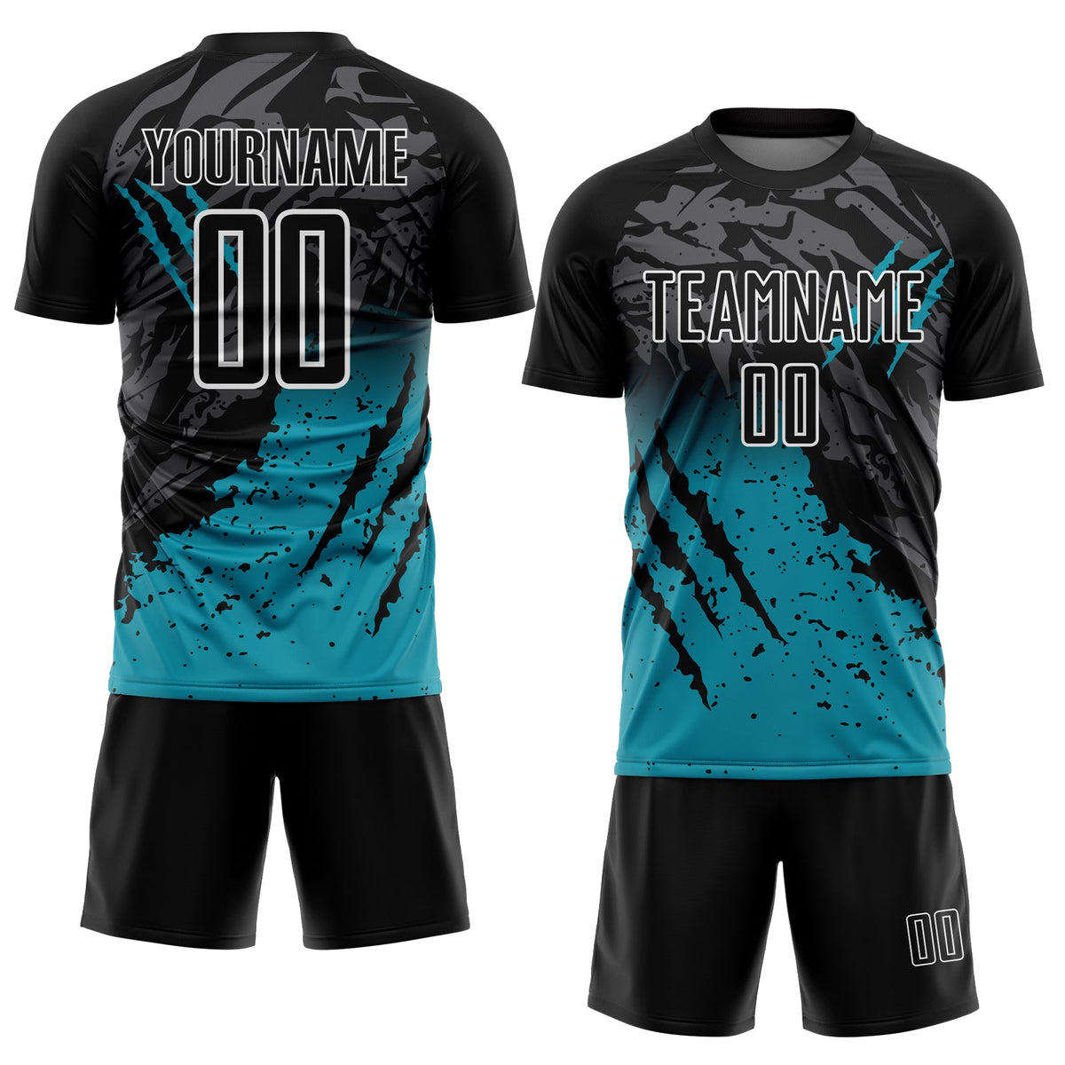 Custom Black Teal-White Gradient Scratch Splash Sublimation Soccer Uniform Jersey Limited
