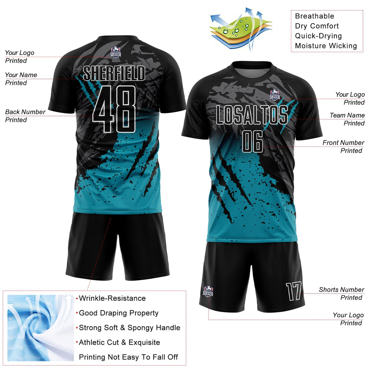 Custom Black Teal-White Gradient Scratch Splash Sublimation Soccer Uniform Jersey Limited