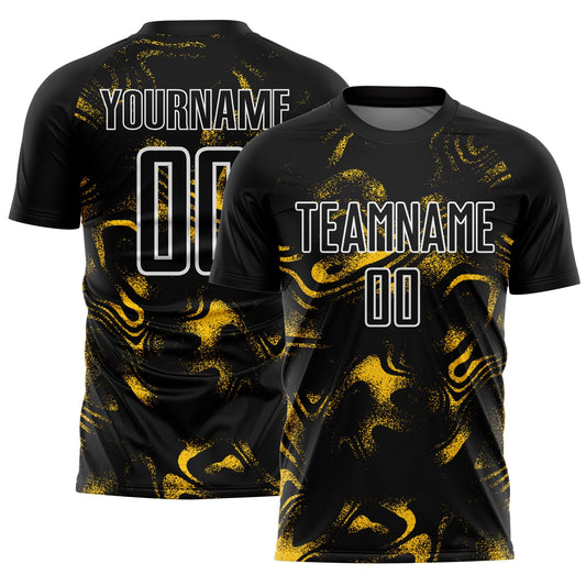 Custom Black Yellow-White Abstract Liquid Sublimation Soccer Uniform Jersey