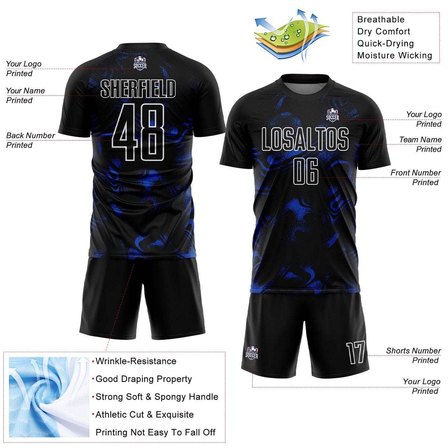 Custom Black Thunder Blue-White Abstract Liquid Sublimation Soccer Uniform Jersey Limited