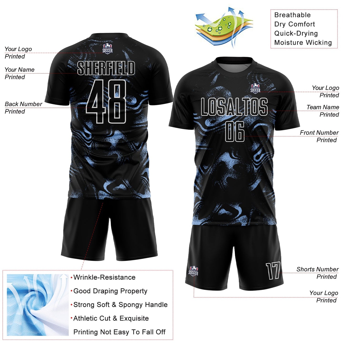 Custom Black Light Blue-White Abstract Liquid Sublimation Soccer Uniform Jersey Limited