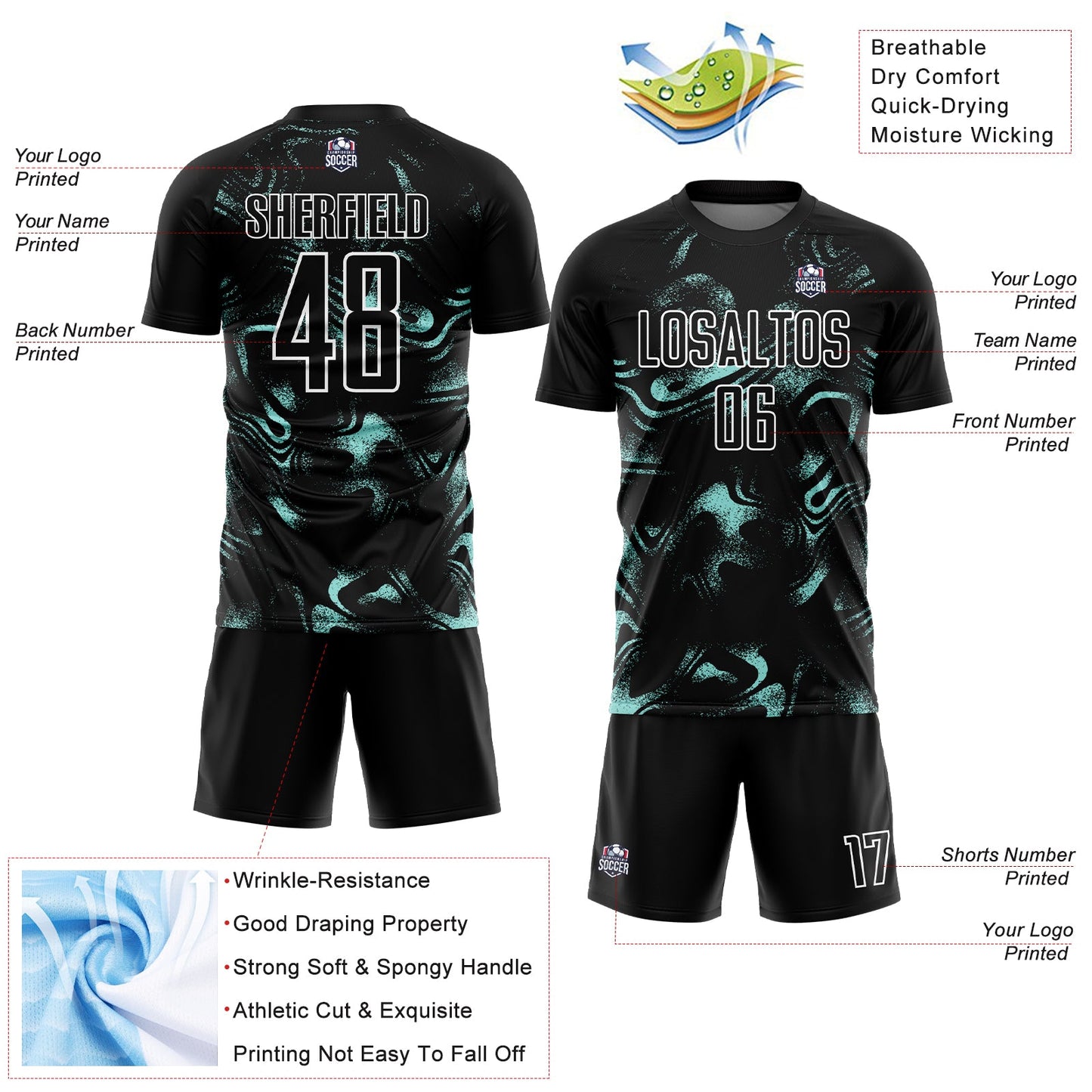 Custom Black Ice Blue-White Abstract Liquid Sublimation Soccer Uniform Jersey Limited