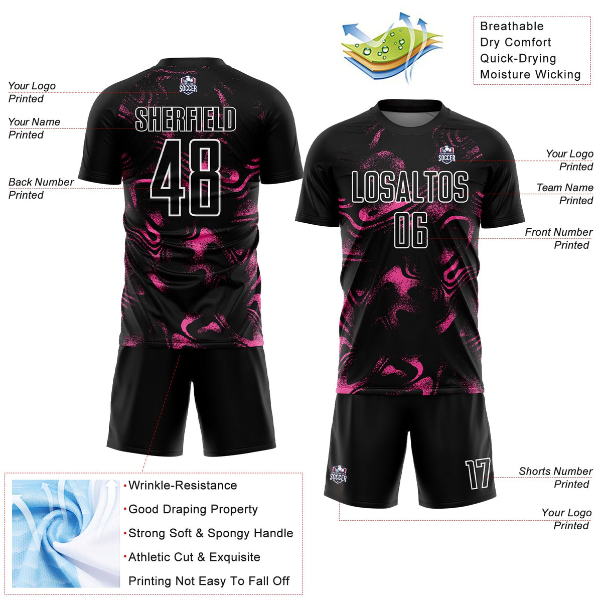 Custom Black Pink-White Abstract Liquid Sublimation Soccer Uniform Jersey Limited