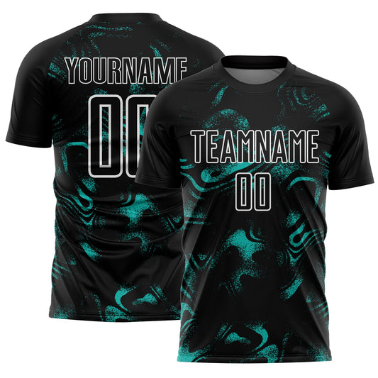 Custom Black Aqua-White Abstract Liquid Sublimation Soccer Uniform Jersey
