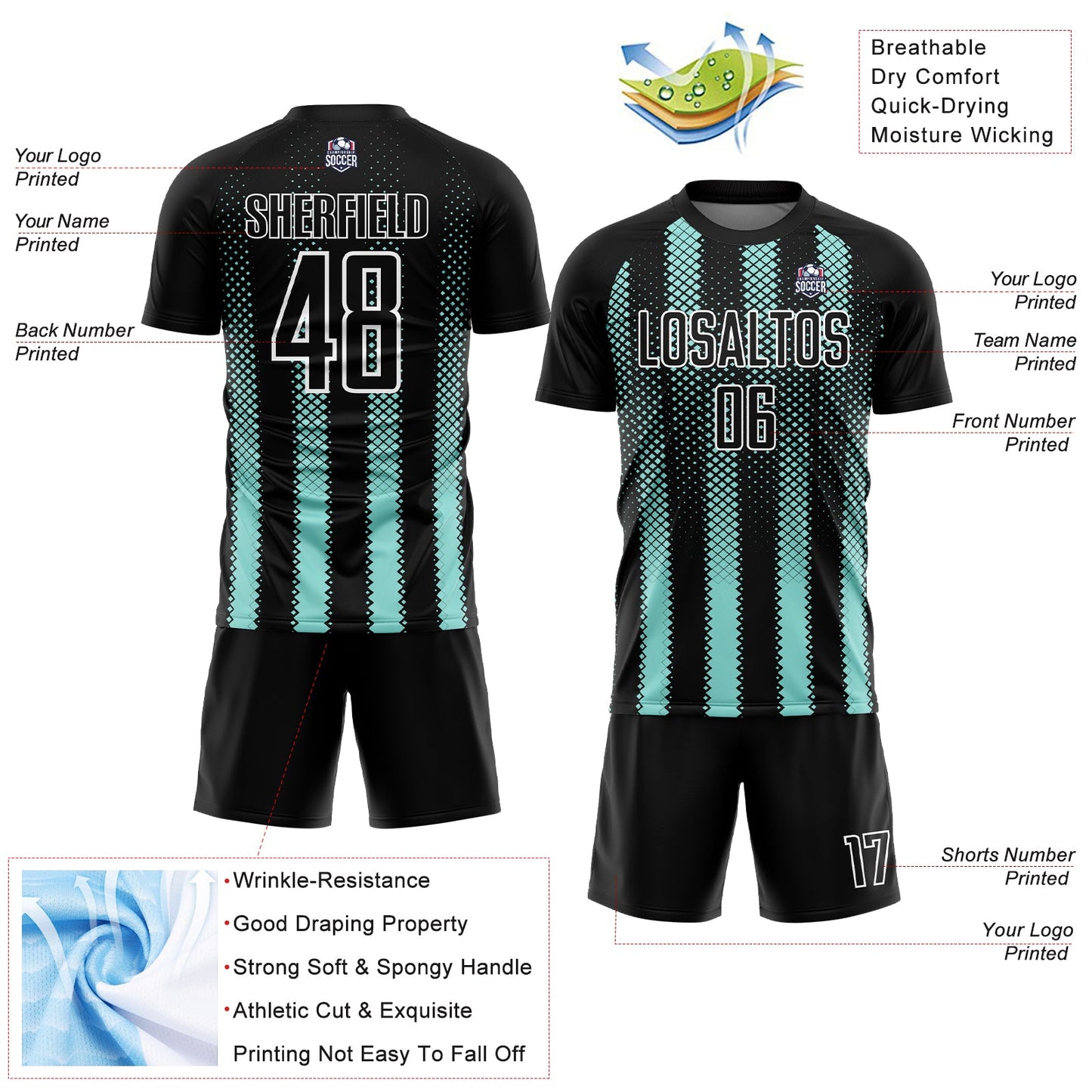 Custom Black Ice Blue-White Geometric Shape Sublimation Soccer Uniform Jersey Limited