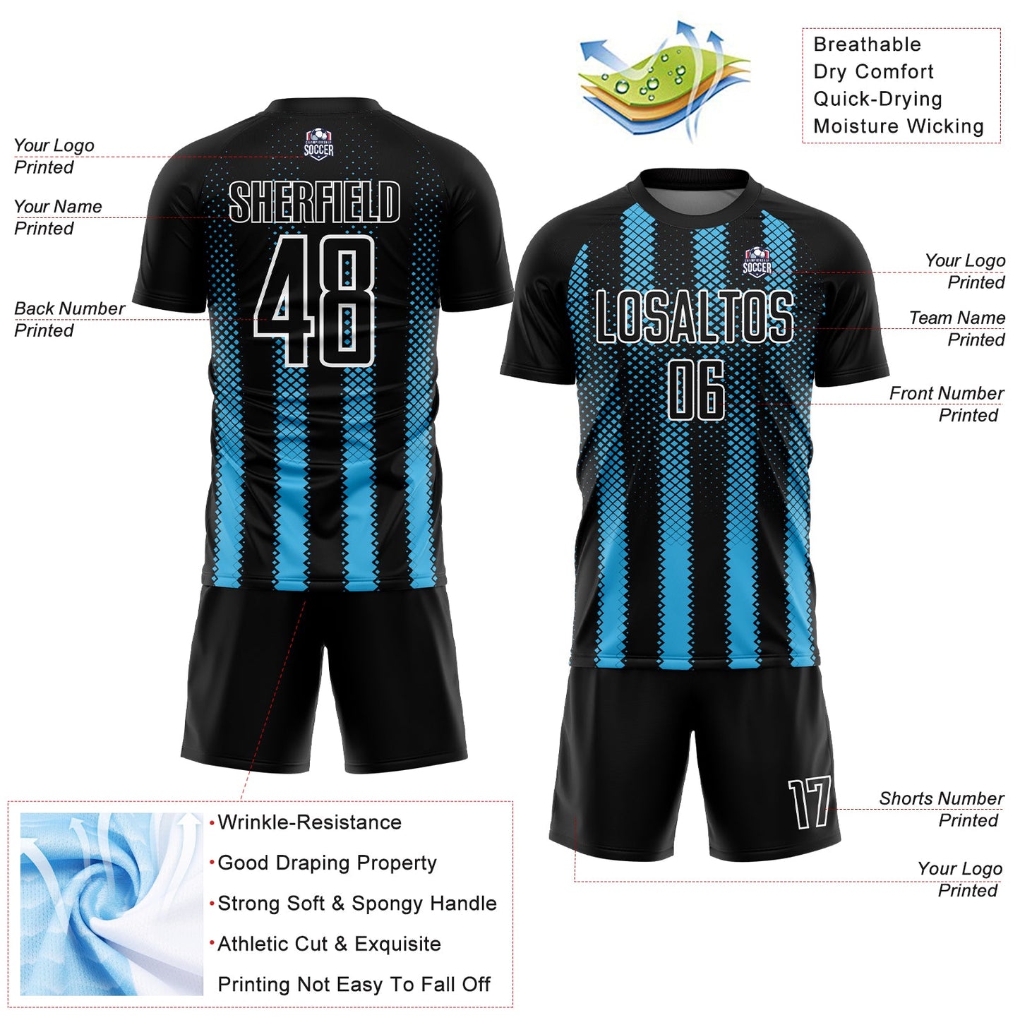 Custom Black Sky Blue-White Geometric Shape Sublimation Soccer Uniform Jersey Limited