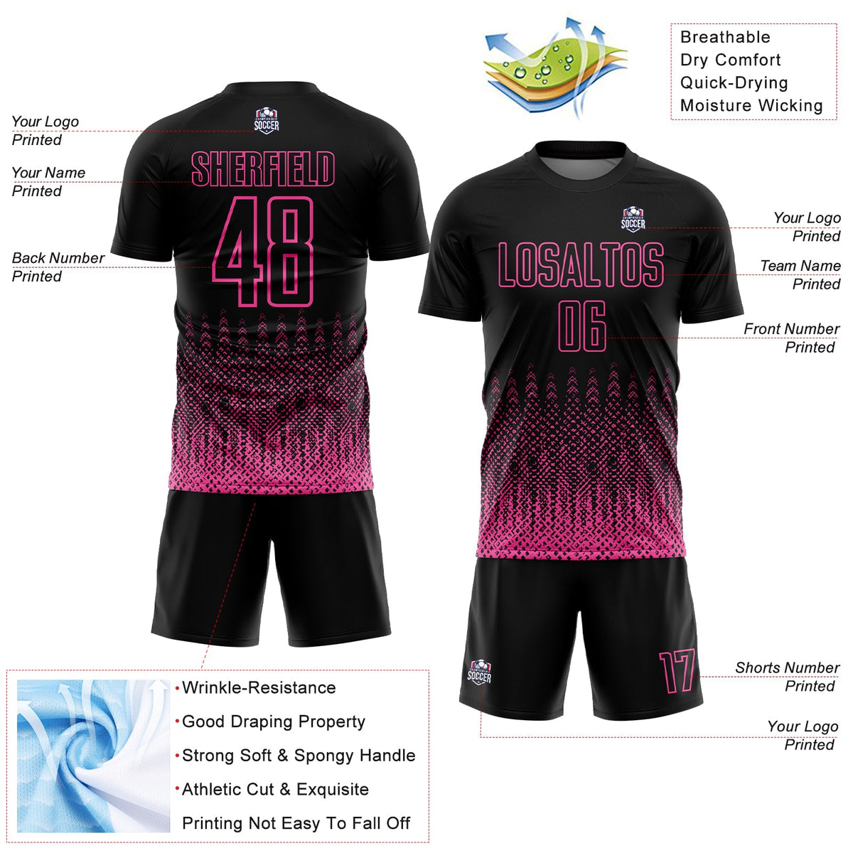 Custom Black Pink Geometric Shape Sublimation Soccer Uniform Jersey Limited