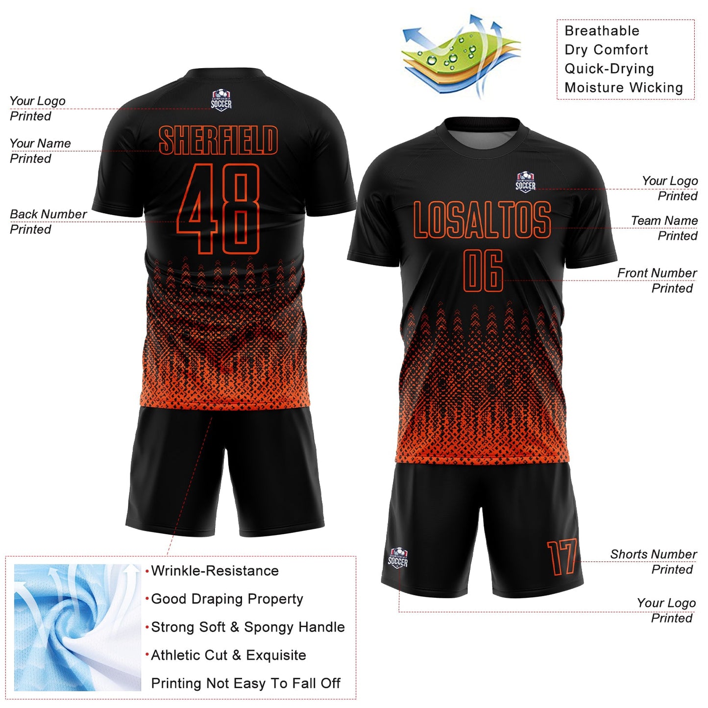 Custom Black Orange Geometric Shape Sublimation Soccer Uniform Jersey Limited
