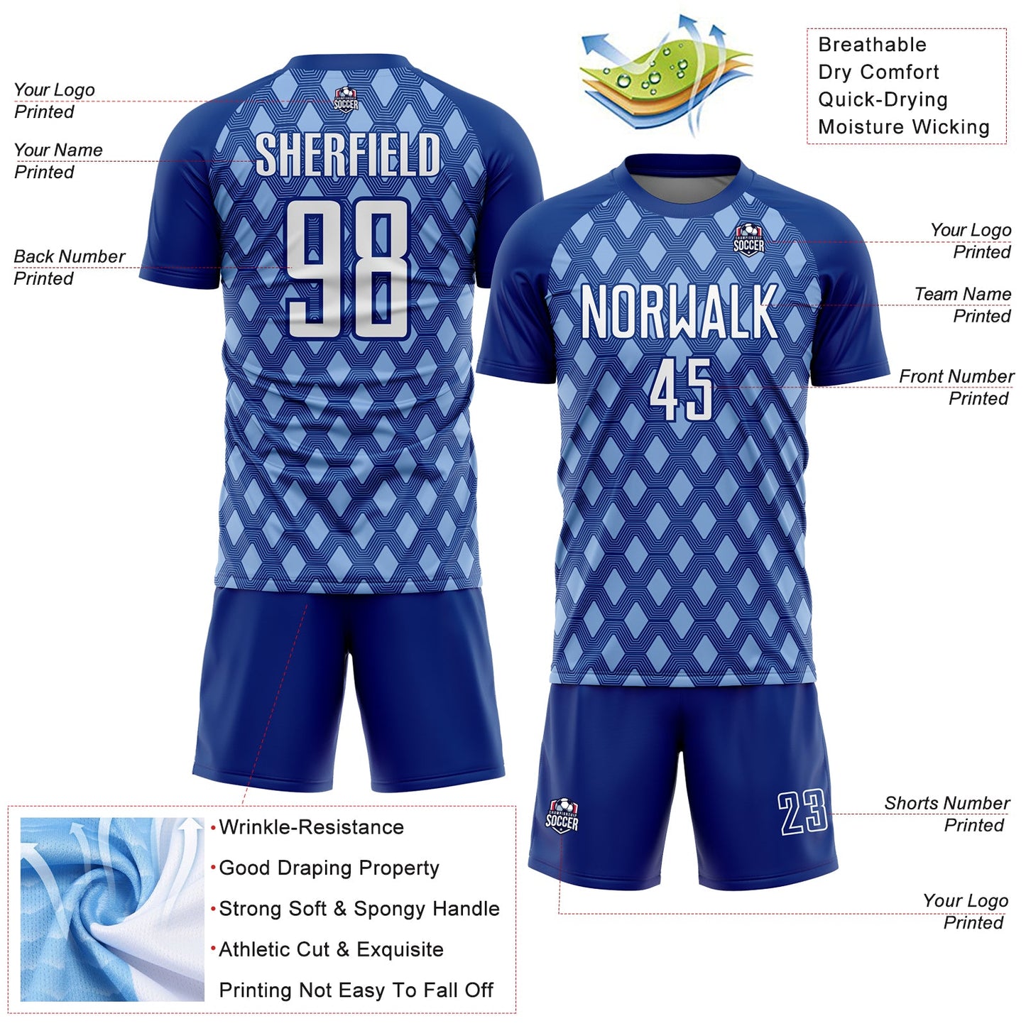 Custom Royal White-Light Blue Geometric Shape Sublimation Soccer Uniform Jersey Limited