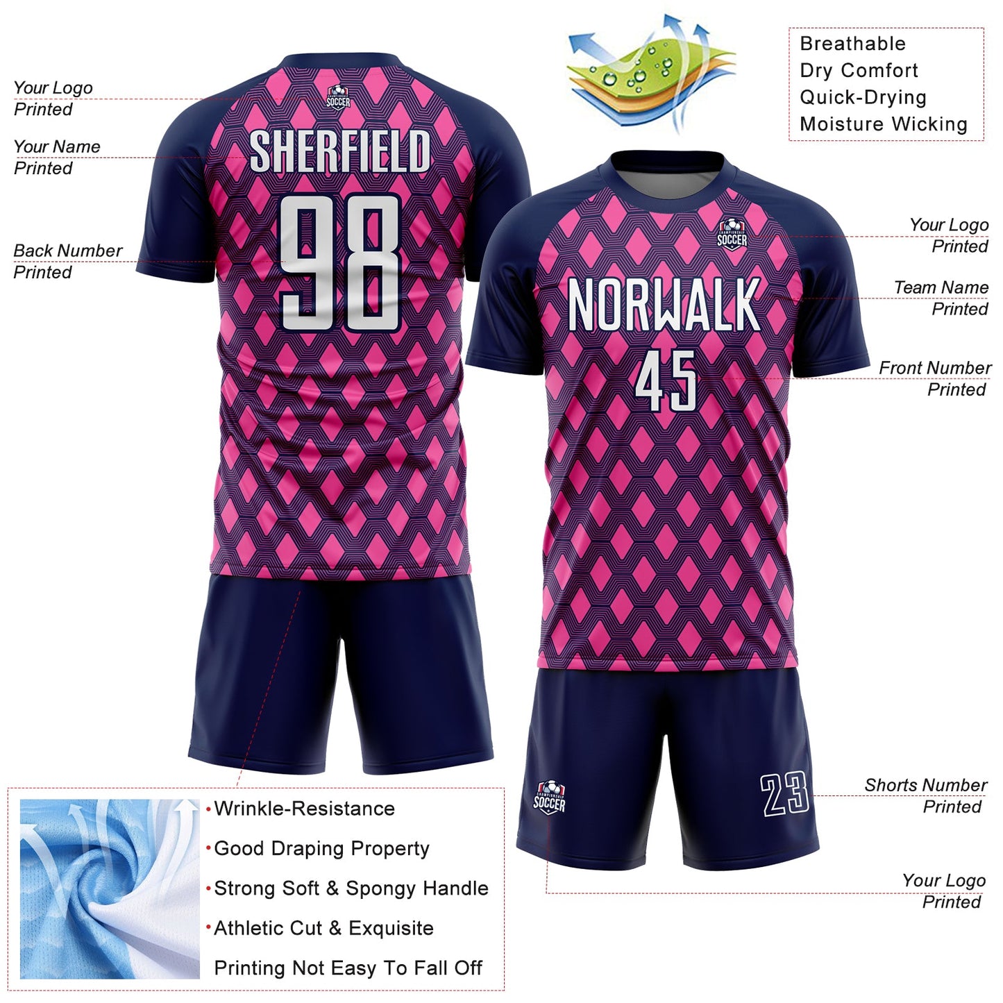 Custom Navy White-Pink Geometric Shape Sublimation Soccer Uniform Jersey Limited