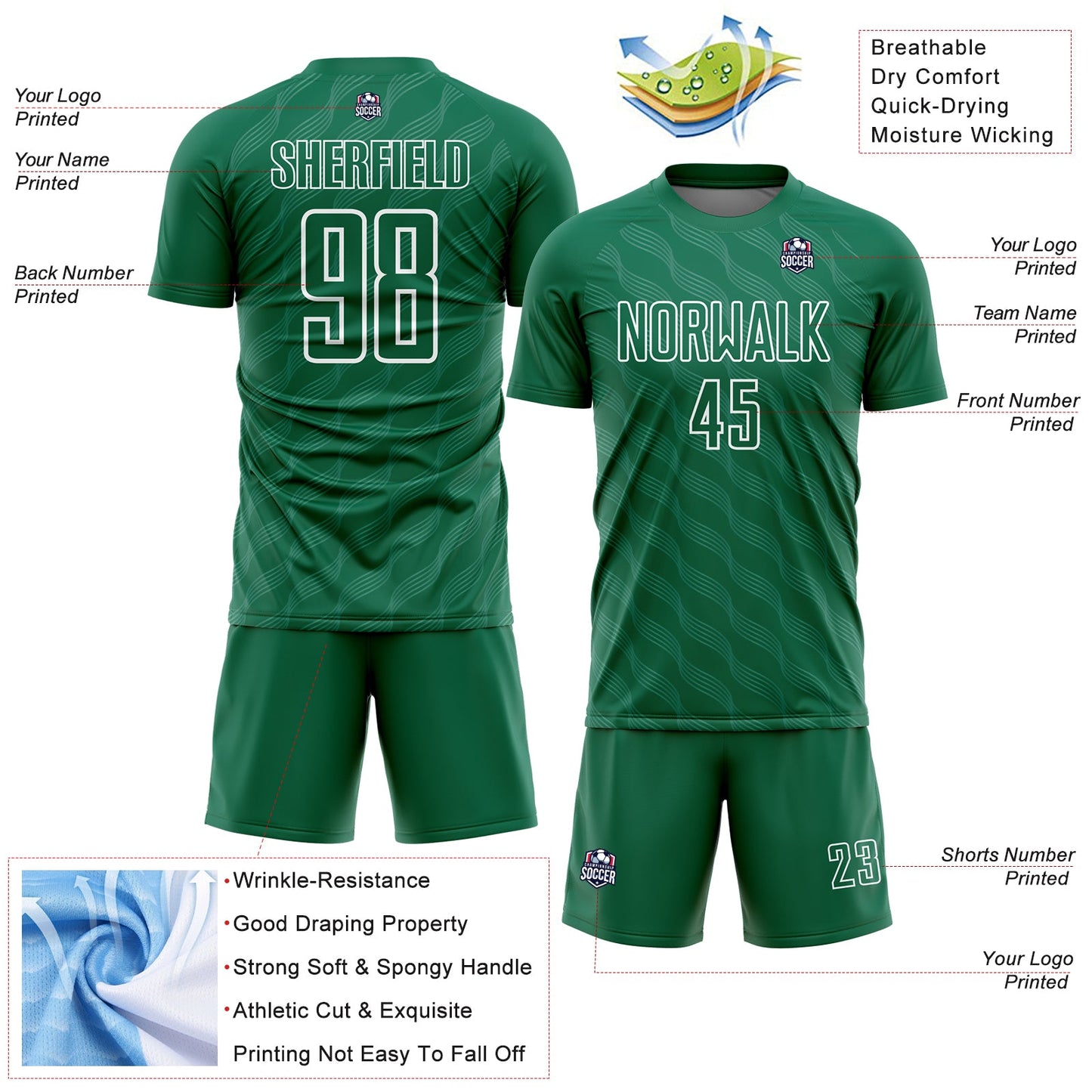Custom Kelly Green White Waves Shape Sublimation Soccer Uniform Jersey Limited