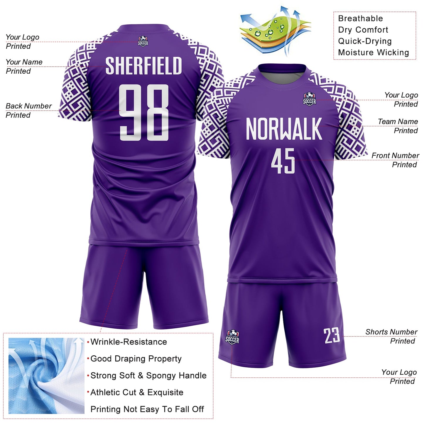 Custom Purple White Geometric Shape Sublimation Soccer Uniform Jersey Limited