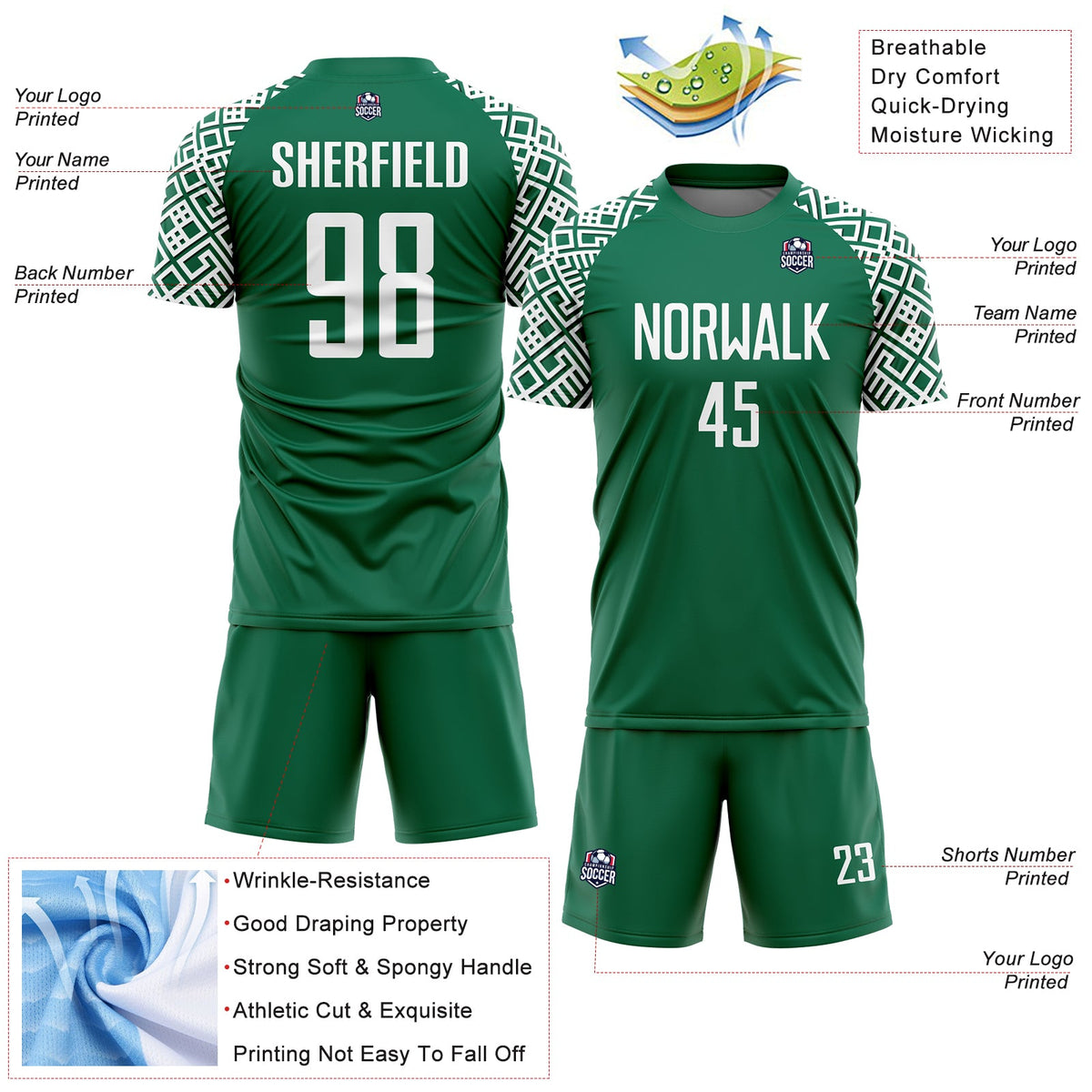 Custom Kelly Green White Geometric Shape Sublimation Soccer Uniform Jersey Limited