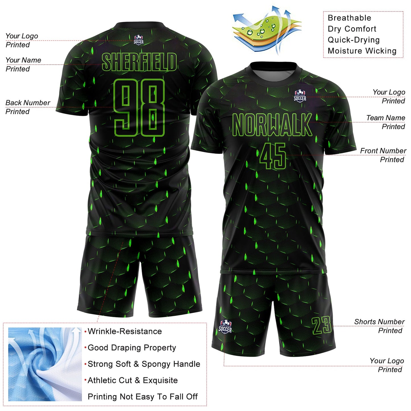 Custom Black Aurora Green Geometric Shape Sublimation Soccer Uniform Jersey Limited