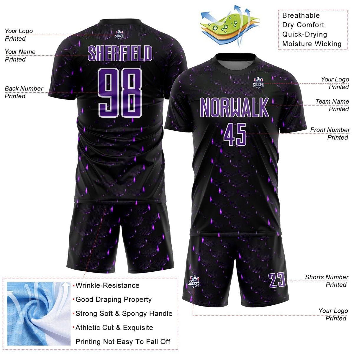 Custom Black Purple-White Geometric Shape Sublimation Soccer Uniform Jersey Limited