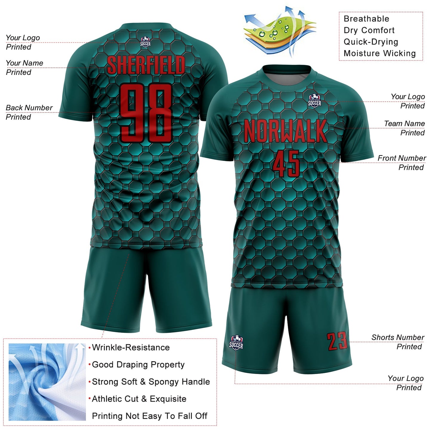 Custom Midnight Green Red-Black Geometric Shape Sublimation Soccer Uniform Jersey Limited