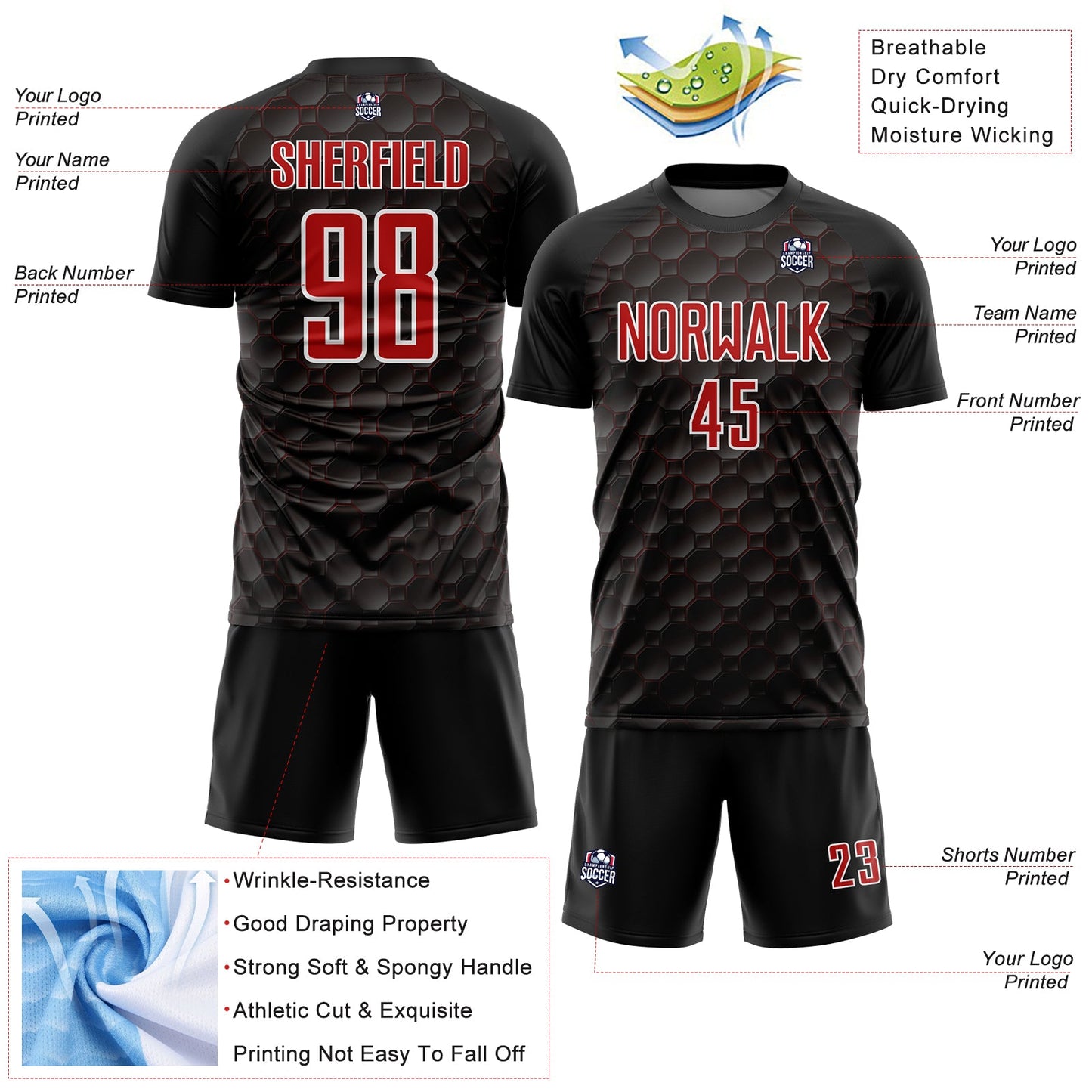 Custom Black Red-White Geometric Shape Sublimation Soccer Uniform Jersey Limited