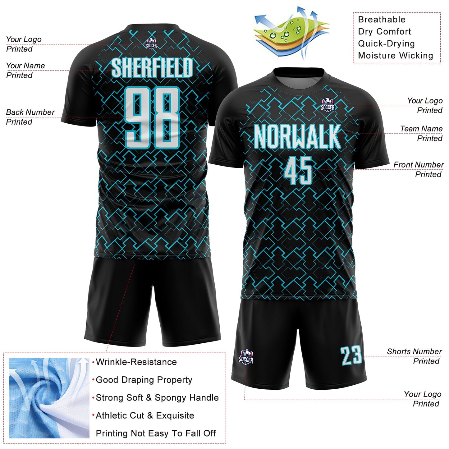 Custom Black White-Lakes Blue Geometric Shape Sublimation Soccer Uniform Jersey Limited